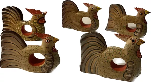 Set of 6 Napkin Rings Carved Wooden Rooster Bird ChickenPainted Detail Farmhouse