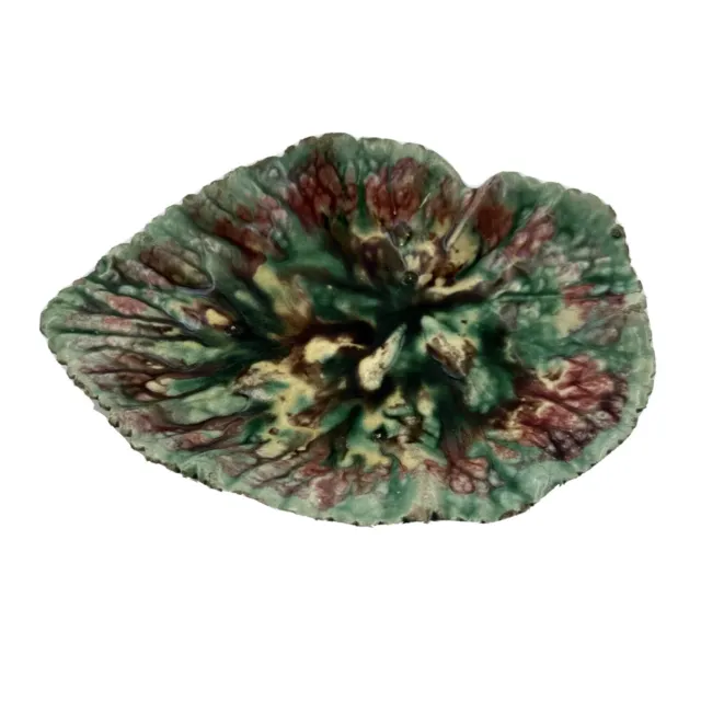 Majolica Leaf Nappy Dish Mottled Green Red Ivory Brown Unmarked Antique