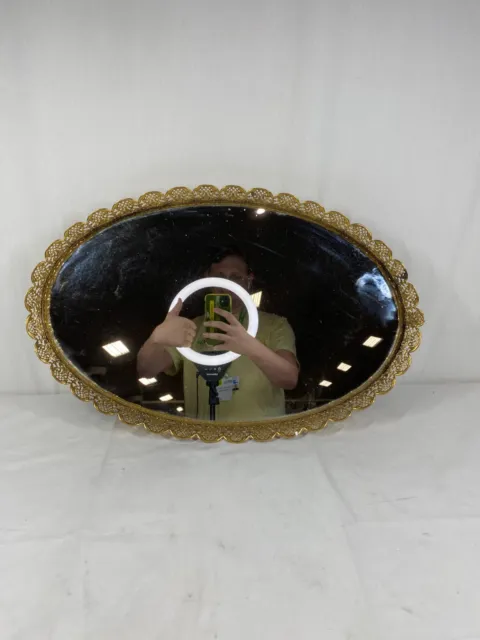 Vintage Oval Dresser Vanity Tray Mirror Ornate Floral Ormolu Design Gold Tone.