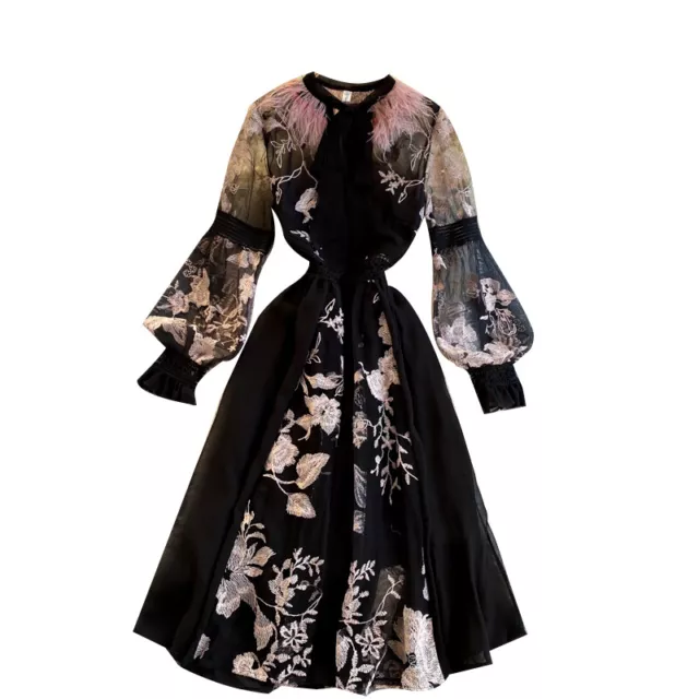 Lady Floral Embroidery Dress Mesh Long Puff Sleeve Midi Sheer Bow Feather Summer 3