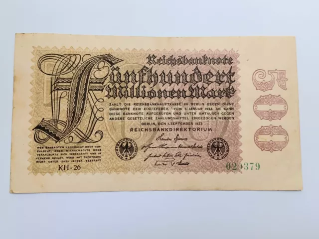 German Banknote. 500 Million Mark. Dated 1923. Reichsbanknote.