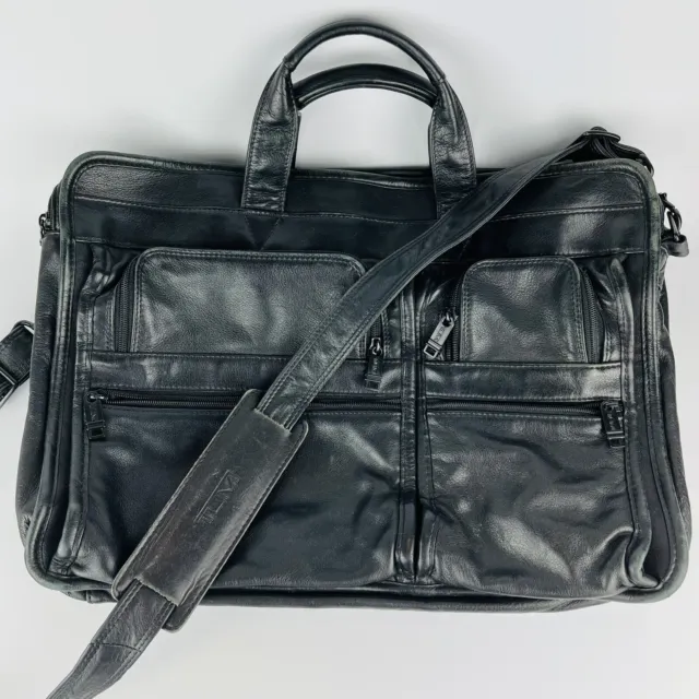 Tumi Mens Auth Black Napa Leather 17" Computer Laptop Briefcase Travel Bag Strap