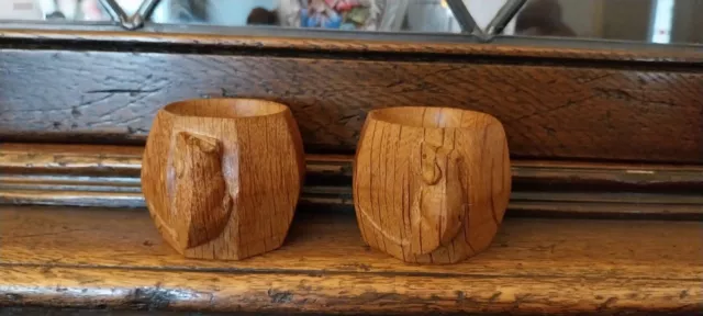 A Pair Of Robert Thompson Mouseman Hand Carved Oak Napkin Rings  Exc Condition