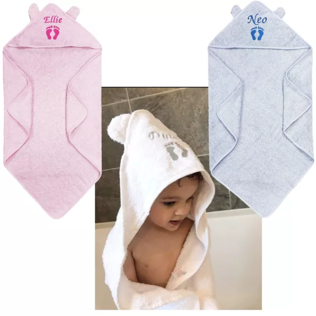 Baby Personalised Hooded Bath Towel Ears Shower Announcement White Blue Pink