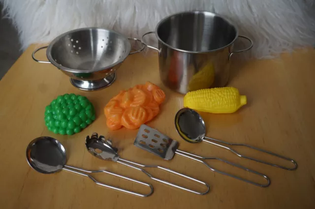 PLAY FOOD Silver Metal Pot Pan Strainer Utensil Vegetable Peas Carrots Corn Toy
