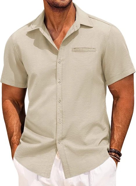 COOFANDY Mens Casual Linen Shirt Short Sleeve Button Down Shirt Summer Beach Haw