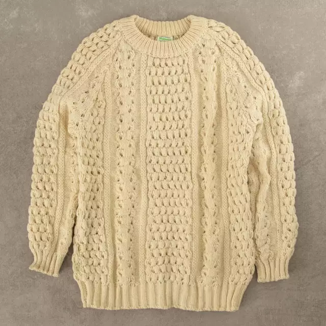 Vintage 80s Cable Knitted Jumper L Wool Made In Ireland Women's Cream