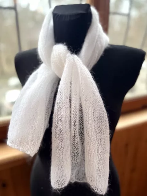 Women White Knitted Fuzzy Wool Kid Mohair Scarf, Hand Knit, Light Transparent