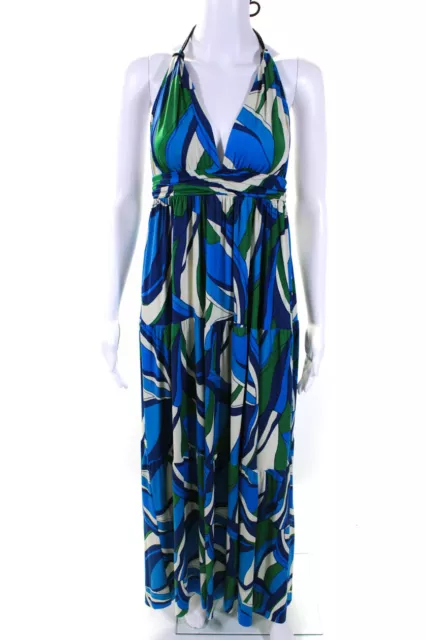 T Bags Los Angeles Womens Stretch Abstract Print Halter Maxi Dress Blue Size M