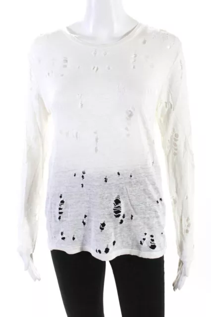 Iro Women's Top Liza Size Small White Distressed Tshirt Linen Long Sleeve Holes