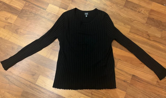 Eileen Fisher feines Merino schwarzes Wollstrick-Top XL