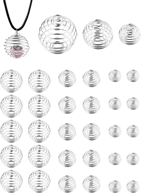 JIALEEY Spiral Bead Cages Pendants, 30 Pcs 3 Sizes Silver Plated Stone Holder Ne