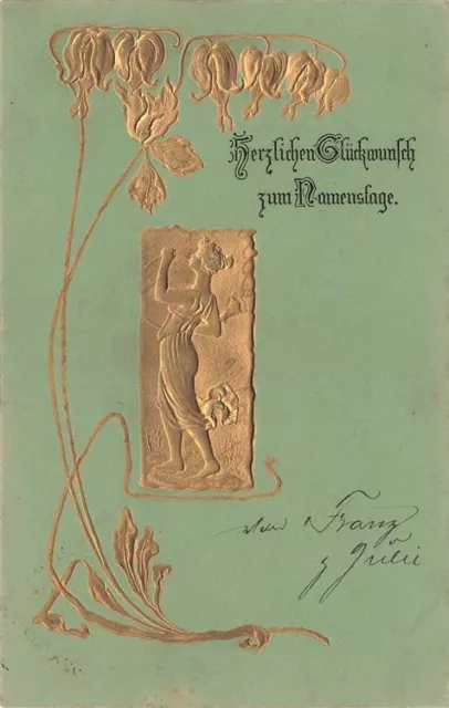 393861) Top Präge Jugendstil AK zum Namenstag gelaufen 1905