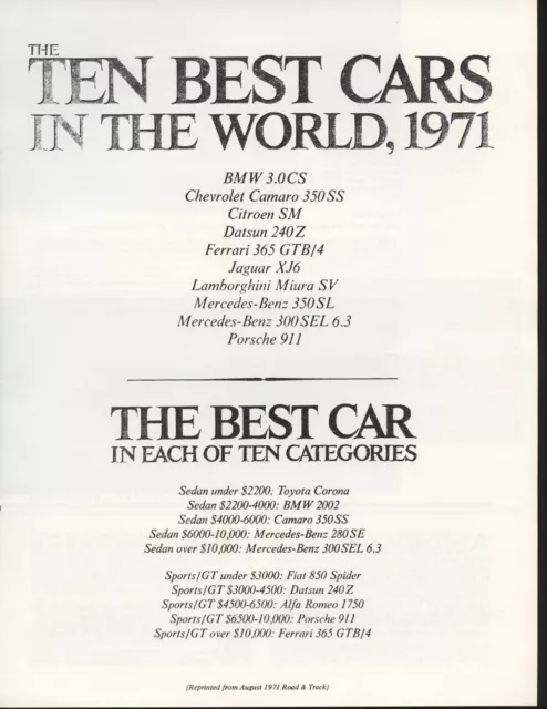 Road & Track Article Reprint from August 1971 Ten Best Cars In The World 1971