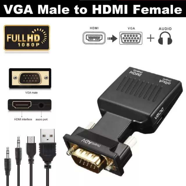 VGA Male To HDMI Female Adapter Cable Converter with HD Stereo Audio lead Output