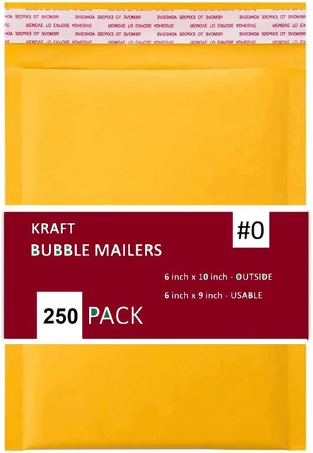250 PC #0 6X10 Inches 250 Pack Inches Kraft Bubble Mailers Yellow Shipping Padde