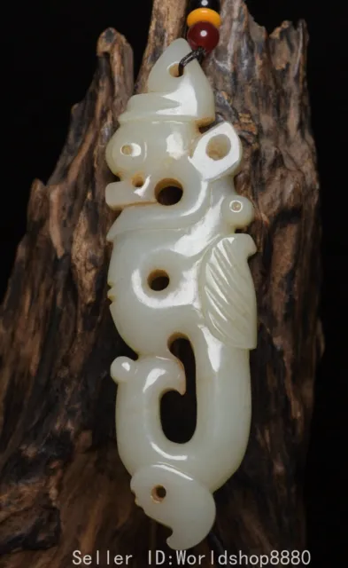 6" Old Chinese Hetian White Jade Carved Fengshui Pig Dragon Lucky Amulet Pendant