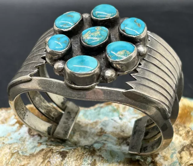 Stunning Big 103 Gram Navajo Picto Signed Sterling & Gem Turquoise Cuff Bracelet