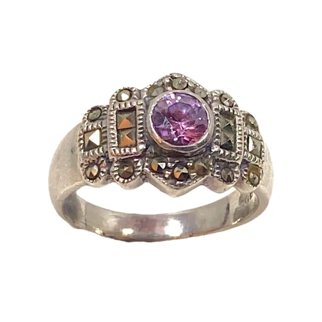 Vintage Ring Womens 6.5 Sterling Silver 925 Amethyst Marcasite Cocktail Art Deco