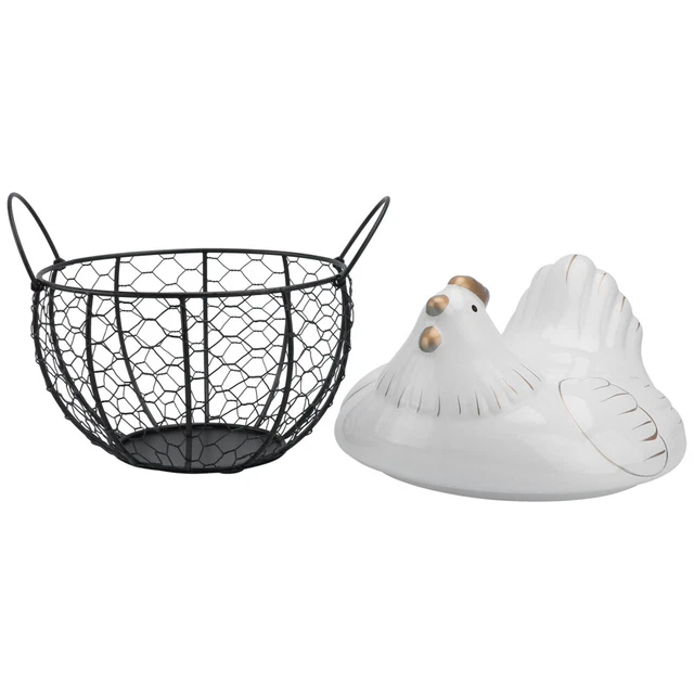 Panier à Œufs KAMAY En Fer Forgé Avec Poule - Rangement Décoratif Cuisine Blanc