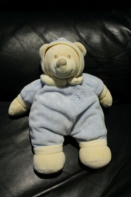 Doudou peluche ours blanc écru beige jaune JOLLYBABY pyjama bleu spirale TTBE