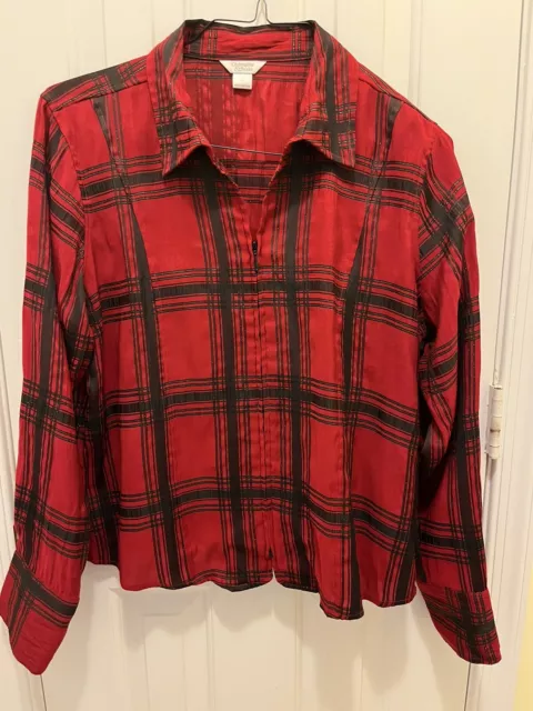 Christopher & Banks ladies Long Sleeve size L Zip-up, Red & Charcoal Open Plaid