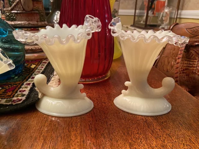 Pair Of Fenton Silvercrest Custard Vaseline Candle Holders