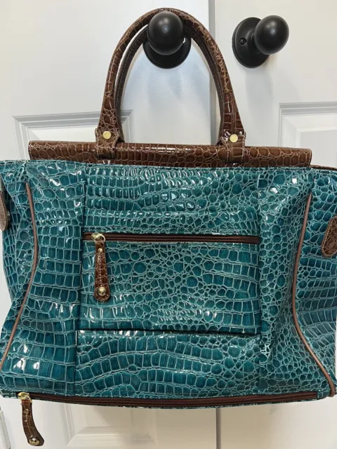 Samantha Brown Luggage Turquoise Teal Brown Croc Embossed Weekender Carry On Bag
