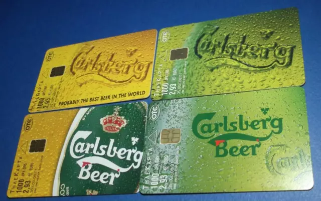 GREECE 4 PHONECARDS WITH THEME: Carlsberg Beer, ERROR "NO CODE" DUMMY UNUSED !!!