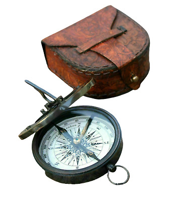 Nautical Astrolabe Solid Brass Antique Working Compass With Leather Case Gift