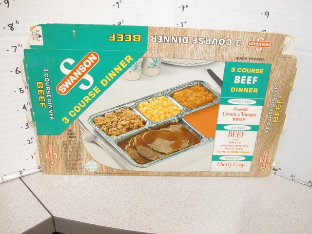 SWANSON 1960s BEEF 3 course TV dinner frozen food box Campbell's soup hash brown
