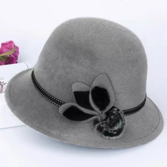 Lady Hat Fur Ball Decoration Keep Warm Winter Autumn Dome Felt Hat with Flower 6