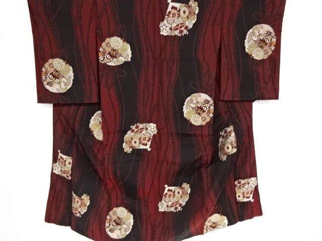 40505# Japanese Kimono / Antique Kimono / Woven Crane Roundel & Flower Treas