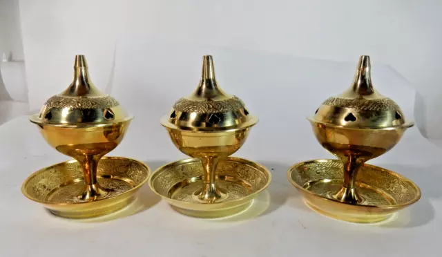 LOT Vintage 3 Solid Brass Incense Burners, Resin, Cones, Sticks, Ash Tray, India