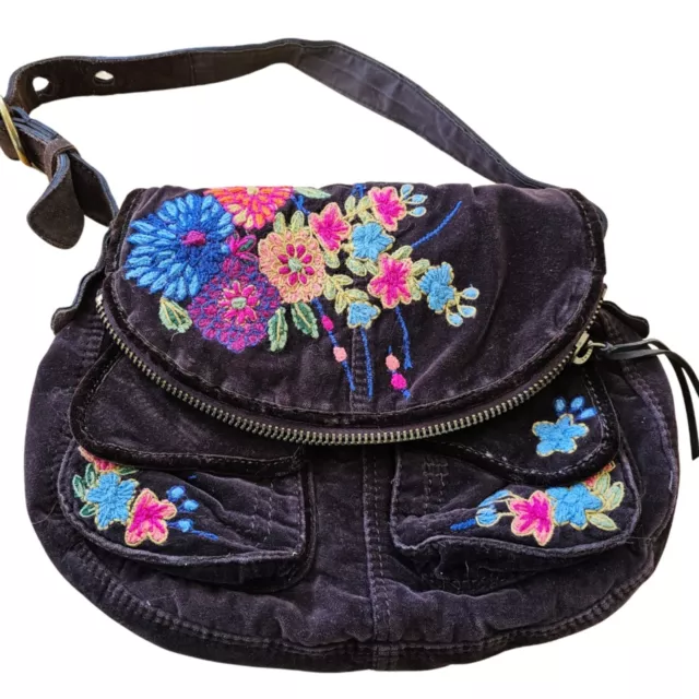 LUCKY BRAND Vintage Brown Velvet Bright Floral Embroidered Shoulder Bag Boho