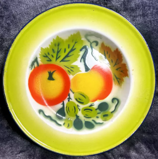 MCM Vintage Enamelware Fruits Apples Grapes Enamel Metal Plate 8.75"