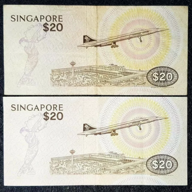 RARE SINGAPORE $ 20 Dollar 2nd Series "BIRD" B/note 2Pcs VF (+FREE1 note)#20403 2