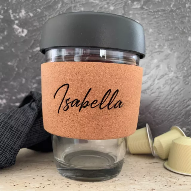 Personalised Engraved Coffee Keep Cup, Glass Mug Engraved Cork Band Gift Present