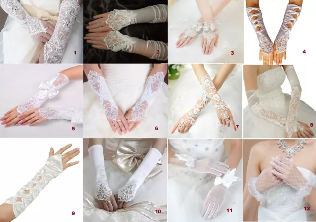 Ladies Gorgeous Wedding bridal ivory white fingerless satin Lace Diamonte gloves