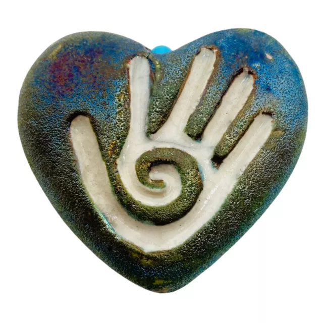 Raku Pottery Heart Stones - Green White Spiral Healing Hand - Jeremy Diller