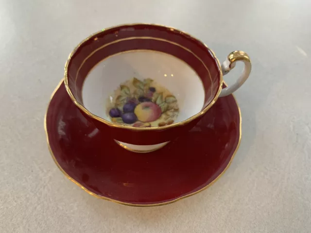 Aynsley Orchard Fruit Maroon Red Tea Cup Saucer Signed  D Jones England 2480