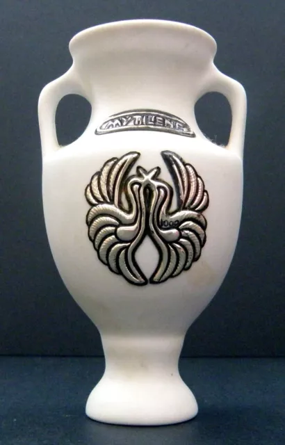 Greek Souvenir Ceramic Vase: 'Mytilene'  with  Handmade Silver Plaques.