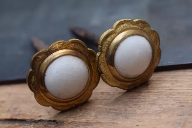 Pair Of Grand Victorian Country House Picture Hooks / Brass & Porcelain / Nails.