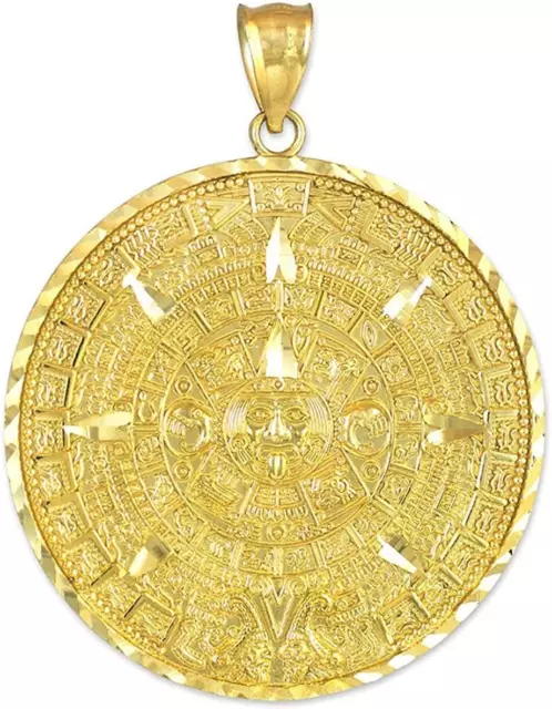 14K Yellow Gold round Aztec Mayan Calendar Charm Pendant - Choice of Pendant Siz