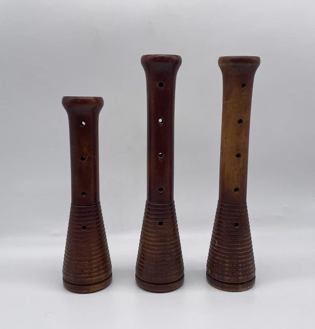 Set Of 3 Antique Wood Industrial Textile Bobbins Thread Spools