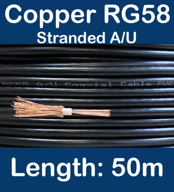 50m Copper Black RG58 A/U 50 Ohm Stranded Coax Coaxial Cable CB Radio Ham Aerial