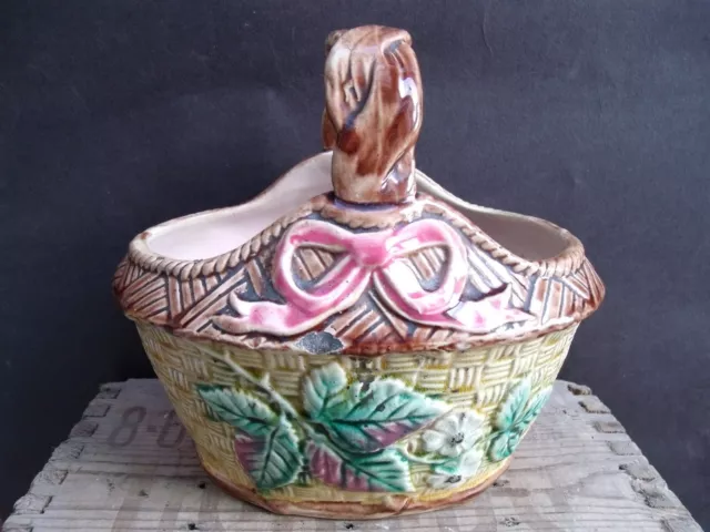 Antique Majolica Basket Weave With Blackberry Flower & Vine Decoration 1800's