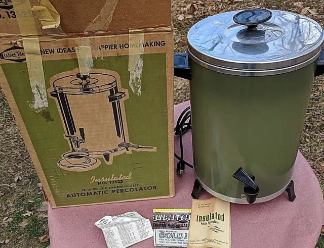 Vintage West Bend Avocado Green Enamel Steel Automatic Percolator 12 30  Cups With Original Packaging and Instructions Retro Kitchen 