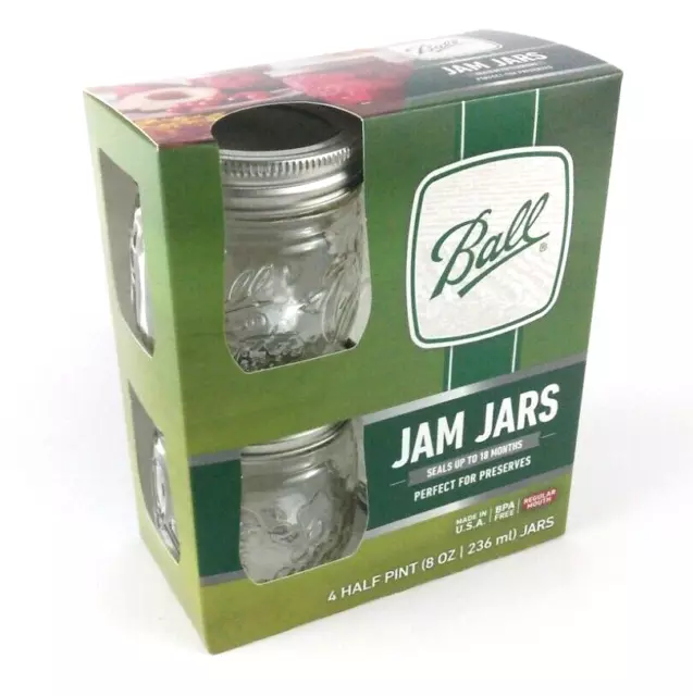 Ball® Glass Jam Jelly Jars 1/2 Pint 8oz Regular Mouth 4 Pack with Lids and Rings