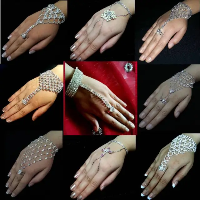 Bollywood Handkette Armband mit Ring Kette Handschmuck Strass Hochzeit GOLD 3